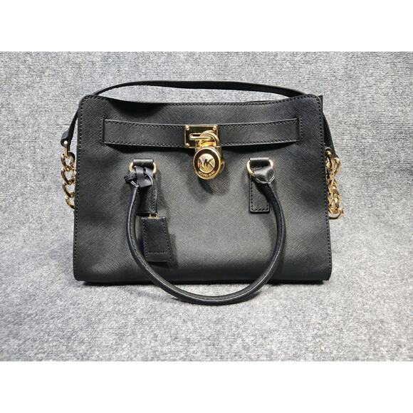 Michael Kors Hamilton EW East West Satchel Black Hamilton Leather Gold bag - Picture 1 of 14